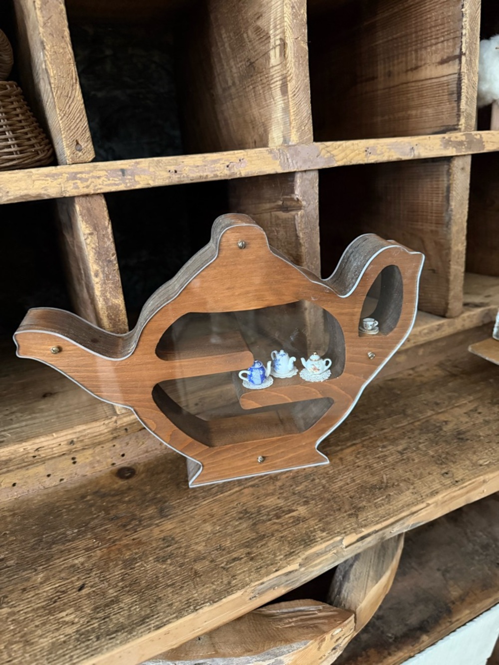 Vintage Wood Teapot Display Case with Glass Front Brown With Miniature Tea Cups